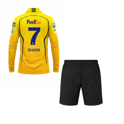 Image of CSK thala Dhoni 7 Official Team Jersey with Black Shorts 2024 for Boys and Men(8-9Years,Multicolor-1)