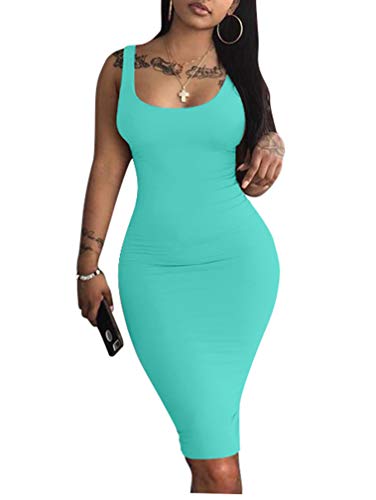 LAGSHIAN Women s Sexy Bodycon Tank Dress Sleeveless Basic Midi Club Dresses Lake Blue