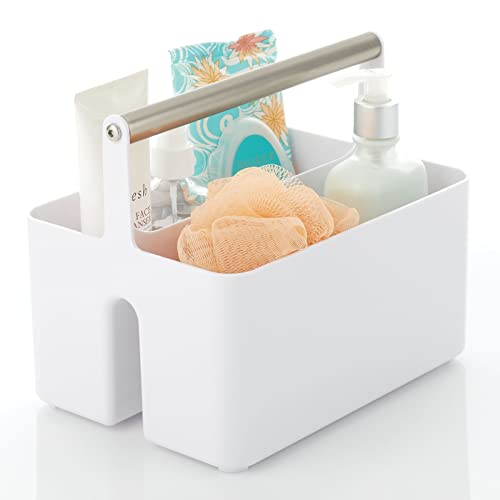 Image of mDesign Plastic Shower Caddy Storage Organizer Utility Tote, Divided Basket Bin - Metal Handle for Bathroom, Dorm, Kitchen, Holds Soap, Shampoo, Conditioner - Aura Collection - White/Brushed Chrome