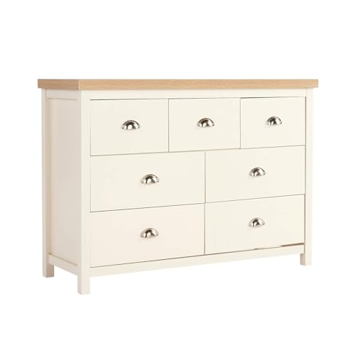 Home Source Wide Chest of Drawers Clothing Storage Unit, 7 Drawers, Cream, Sonoma Oak Effect
