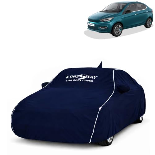 Image of KINGSWAY Super Waterproof Car Cover Only with Tata Tigor EV (Year 2019 Onwards - All Model) | Mirror and Antenna Pockets | All Weather Car Body Cover with Silver Piping | Blue