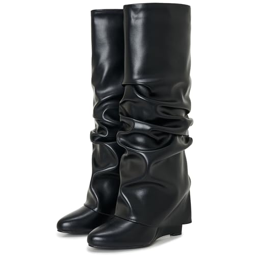 HYYH CFPL Womens Ruched Knee High Boots Fold Over Toe Tall Boot Wedge Heel Pointed Wide Calf Pull-on Shark Boots (Black 12)