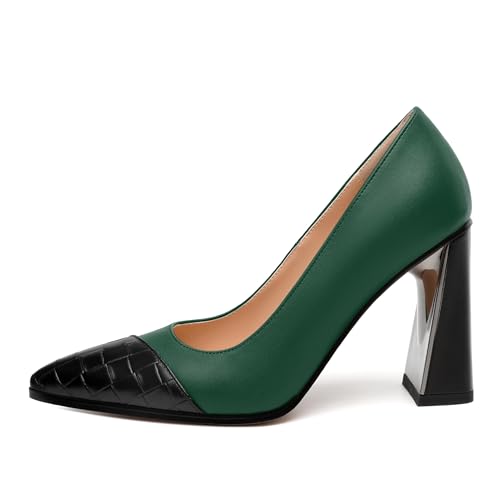 Women's High Heel Pumps, Pointed Toe Chunky Heel for Women, Leather Insole Upper Splicing Dressy 3.5" Pump2