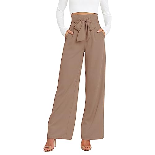 Womens High Waist Pants Business Casual Wide Leg Pants Solid Color Straight Leg Trousers Trendy Loose Cropped (Brown, L)