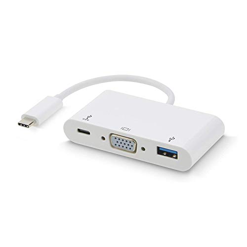 ADWITS USB-C 3-in-1 Adaptateur Multiport (USB 3.1 Type C/Thunderbolt 3 vers USB 3.0 + VGA + USB-C Data et PD 60W de Charge) pour Macbook Chromebook et Plus, Blanc