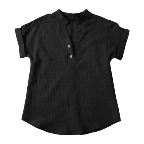 Girls Linen Shirts Button V Neck Tunic Tops Blouse Short Sleeve School Dressy Casual Henley Shirt Lightweight Tops
