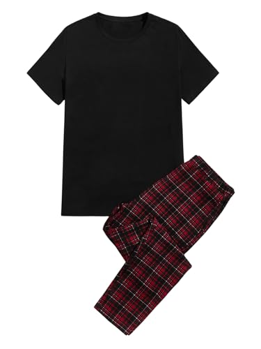 Milumia Men's 2 Piece Pajama Set Short Sleeve Solid Basic T Shirt and Plaid Long Pants Sets Sleepwear