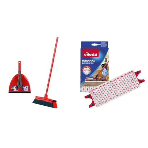 Vileda DuActiva Besen mit 3-TLG Stiel und 2in1 Kehrset & UltraMax Bodenwischer Ersatzbezug, 1er-Pack, für alle Vileda Flachwischsysteme, entfernt über 99 Prozent der Bakterien, Weiß/Rot, normal