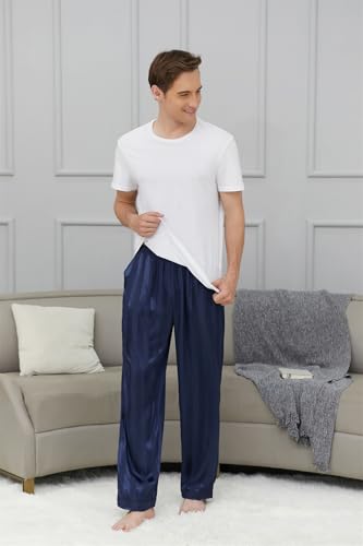 Cromoncent Men's Satin Silky Pajama Pants - Pocketed Soft Cozy Lounge Sleepwear with Elastic Waist,Jacquard Navy,Small2