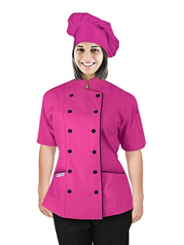 Short Sleeves Chef Coat Jacket Uniform with Chef Hat for Women for Food Service, Caterers, Bakers and Culinary Professional (Pink, Medium)