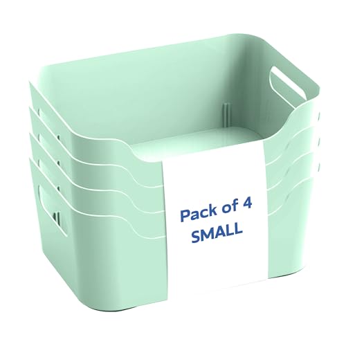 Image of KOLORR Jolly Plastic Small Baskets with Handle for Storage Box| Multipurpose Light Weight Plastic Baskets organiser for Make-up Stationary Cosmetics Kitchen Livingroom Bathroom | Pack of 4 - Mint