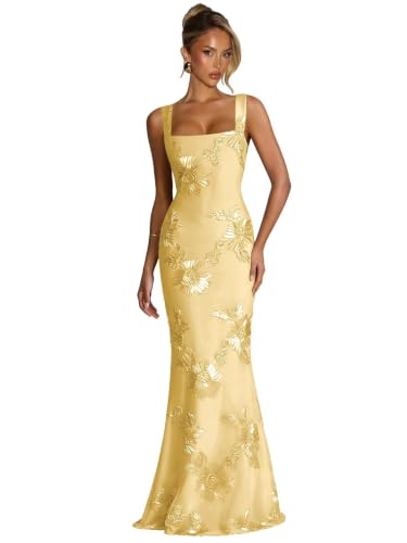 Lcjfai Gold 3D Floral Bridesmaid Dresses for Women Plus Size Mermaid Square Neck Tulle Spaghetti Straps Wedding Guest Gowns US 17