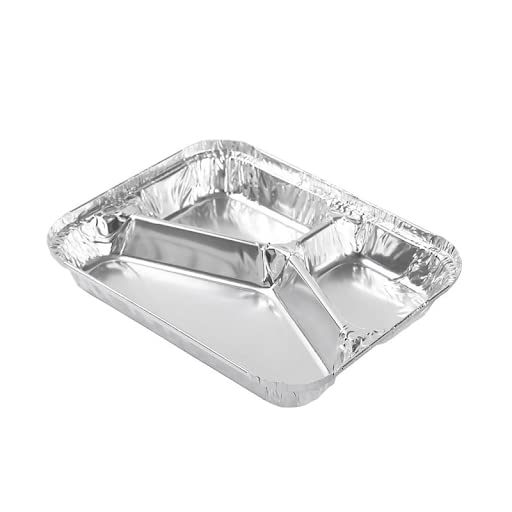 JMS we create smile (𝐒𝐞𝐭 𝐎𝐟 𝟓𝟎) Aluminium Foil Containers with Lid Takeaway Foil Food Containers for Cooking, Food Storage BBQ, Baking, Catering Trays (3 - Compartment)