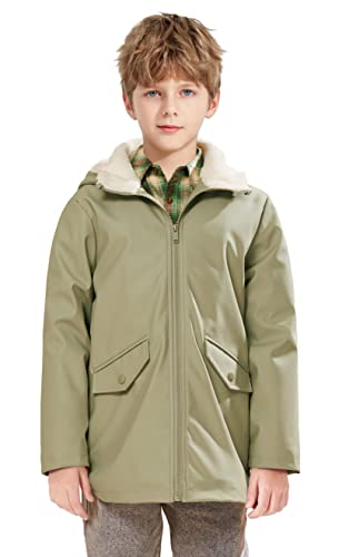 Image of SOLOCOTE Kids Rain Jacket Hooded Lined Rubber RainCoats for Girls Boys Waterproof Windproof SLN2256-Khaki Green-8Y
