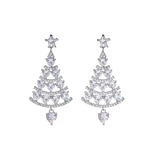 GAUEIOUR Christmas Tree Earrings,Silver Needle Earrings, Luxurious Glittering Rhinestone Pendant Earring, Holiday Ornaments, Gifts for Women and Girls (Silver)