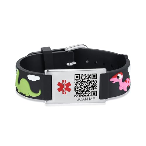 Image of LinnaLove Medical Alert ID Bracelet - Custom or Pre-Engraved, QR Code Available,Blue Dinosaur Band