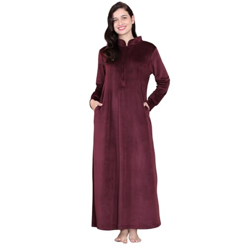 Image of Secret Wish Burgundy Solid Velvet Nighty Full Length /Full Sleeves /Side Pocket /Gown /Maxi /Warm /Soft Fabric /Zipper