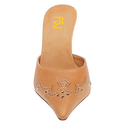 FSJ Women Gorgeous Studded Pointed Toe Mules Stiletto High Heel Slip On Ladies Casual Dress Slipper Shoes Size 4-15 US4