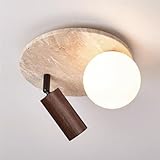 Design créatif : La base de lampe ronde en pierre jaune troglodyte, la tête de lampe cylindrique en bois et l'abat-jour sphérique en verre opalin offrent une conception unique. La texture ronde de la pierre de travertin jaune est authentique et simple, brute et robuste, mais avec une touche de noblesse.