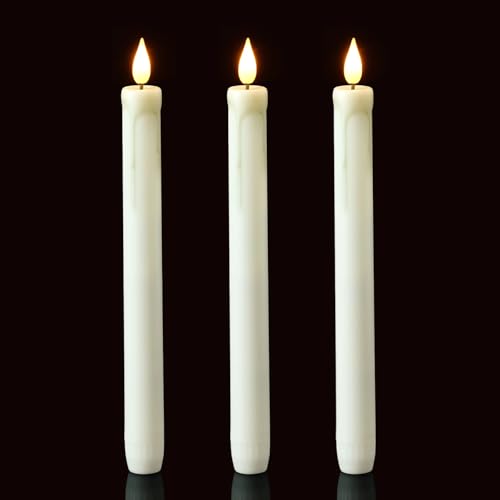 Image of Homemory 3 Pack Flameless Taper Candles, No Remote, Realistic Flickering Battery Operated Candlesticks, White LED Plastic Candle Safe for Weddings, Table Decor, Christmas, and Halloween