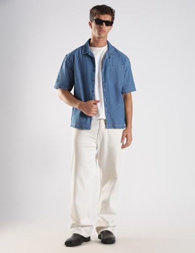 Image of INKD Men's Casual Denim Shirt - 100% Cotton | Half Sleeves | Oversized Fit | Single Patch Pocket | Resort Collar