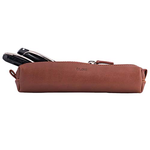Image of DiLoro Leather Zippered Fountain Ballpoint Rollerball Pens and Pencils Case Holder Pouch Genuine Full Grain Soft Nappa Leather (Bugatti Tan)