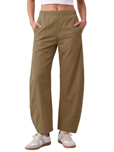 Aoysky Womens Barrel Wide Leg Pants Elastic Waist Baggy Work Trousers Brown