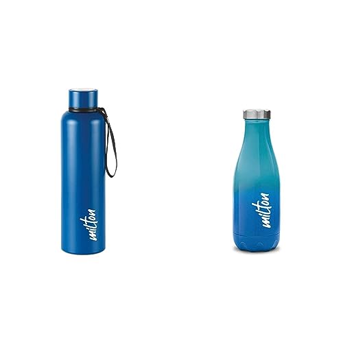 Image of Milton Aura 1000 Thermosteel Bottle, 1.05 Litre, Dark Blue & Milton Prudent 500 Thermosteel Water Bottle, 500 ml, Blue