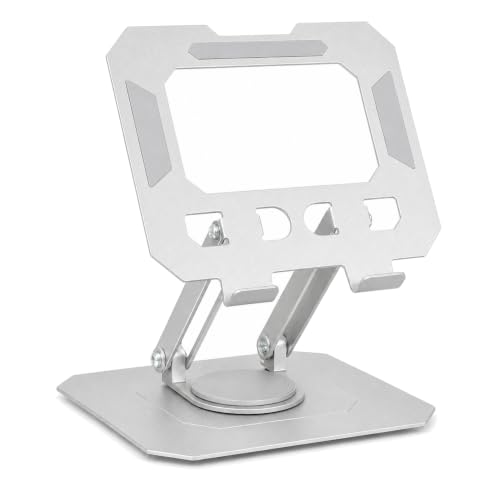 Suporte Ajustável de Mesa para Notebook e Tablet de 4 a 16 Polegadas, Base Giratória 360°, Dobrável, Altura e Inclinação Reguláveis, Aço Carbono, Proteção Antirrisco, Prata