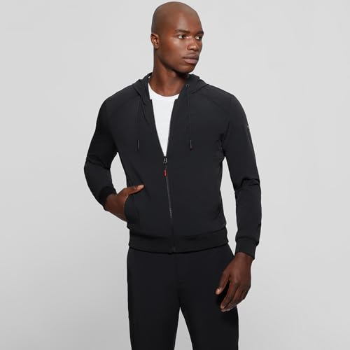 Image of GUESS Men Black Solid Hooded Full Sleeves Front-Open Sweatshirt