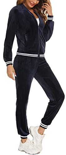 Enjyam Survêtement Ensemble Velours Femme à Capuche Zippés Sportswear en Velours Sweat à Manche Longue Pantalon pour Jogging Tennis Gym Yoga Vêtements de Fitness Bleu Marine B S