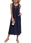 PLOKNRD Women's Summer Maxi Dress 2026 Sleeveless Button Down Casual Loose Beach Sundress Travel Vacation Outfits(Navy Blue,M)