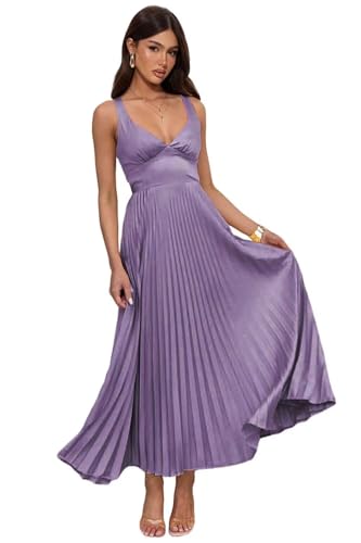 Lindo Novia Pleated Chiffon Bridesmaid Dresses for Women Tea Length V-Neck Formal Evening Dress for Wedding Guest
