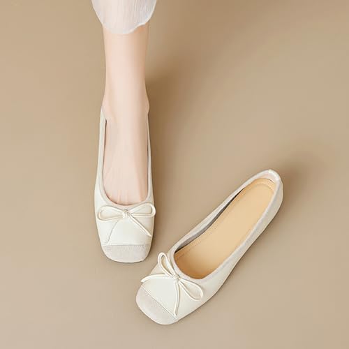 Women's Leather Inner Height Bowknot Slip-On Cap Toe Ballet Flats Closed Square Toe Comfortable Non-Slip Ankle Strap Casual Flat Pumps for Daily Shopping Traveling3