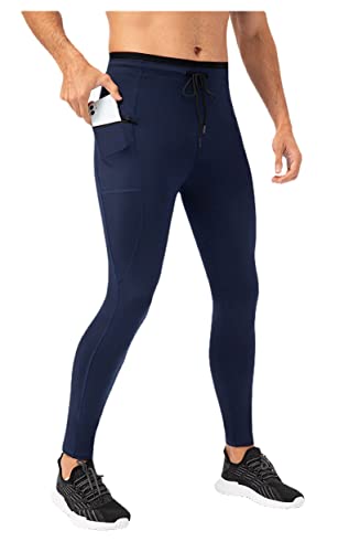 Anawakia Mallas para correr para hombre, leggings de compresión, pantalones para hombre, con bolsillo con cremallera, pantalones de entrenamiento para ciclismo, capa base atlé, Azul Marino, Large Cover