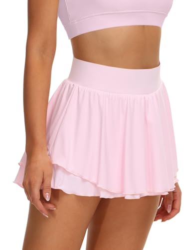 UrKeuf Women's Athletic Tennis Skirts with Pockets 13in Ruffle Golf Running Workout Ice Silk Flowy Skorts with Sports Shorts