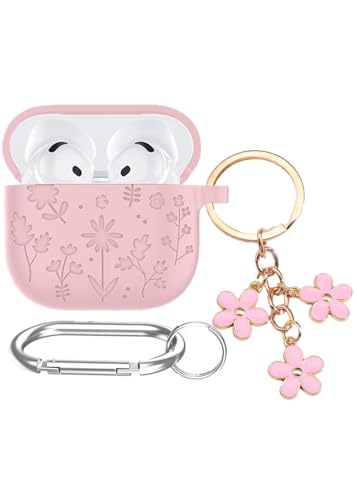 Case for AirPods 4th Generation Cute Case Cover with Keychain, Engraved Flower Soft Silicone Skin Case for AirPods 4 Charging, Full Protective Cover Accesorries for iPod 4 Case for Women Girl (Pink)
