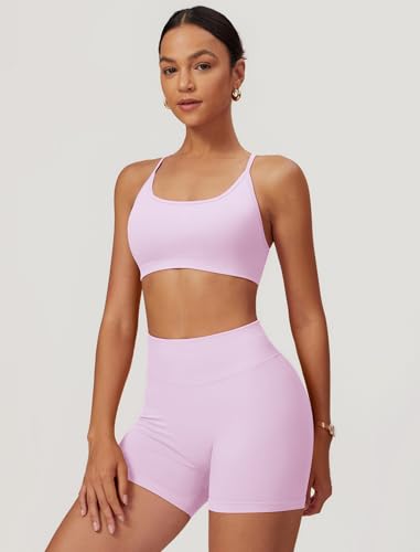 Women's Seamless Workout Set 2 Piece Criss Cross Sports Bra High Waisted Booty Lifting Shorts Yoga Pilates Outfits Pink S — view 2