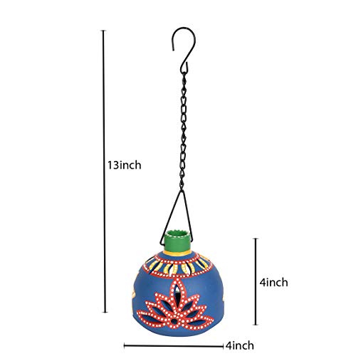 Image of Terracotta Handpainted Blue Matki Hanging Tea Light