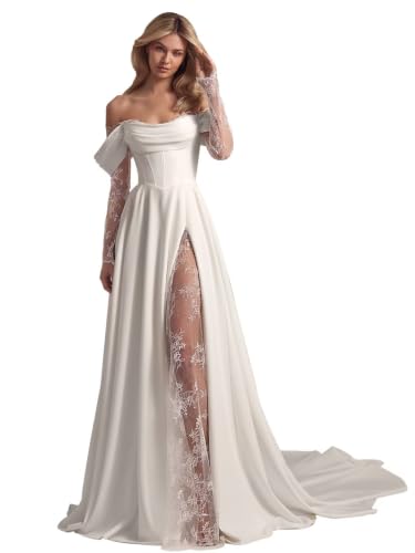 Seabinayed A Line White Long Sleeve Wedding Dresses Sexy Off the Shoulder Lace Ball Wedding Dress for Bride Satin Simple Bridal Dress Plus Size18W