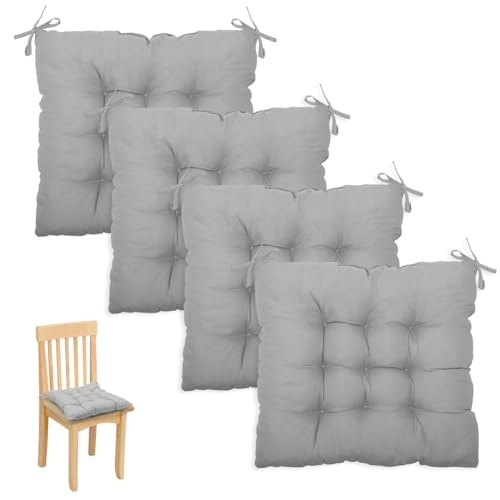 Wapasezyar 4er Set Stuhlkissen, 40x40cm Sitzkissen mit Bändern, Sitzpolster Stuhl Sitzkissen, Gefüllt mit Bindebänder, Esszimmerstuhl Sitzauflage Stuhl für Sitzpolster (Grau)