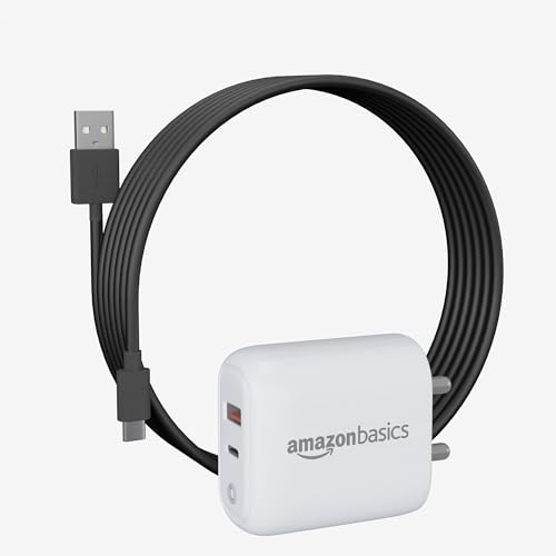 Image of Amazon Basics 38W Dual Port Charger + Active Type A to Type C Cable | Fast Charging 20W+ 18W /Type A +C Adapter (White) with Fast Charging Cable Included | Compatible with Samsung, Oppo, Redmi Phones