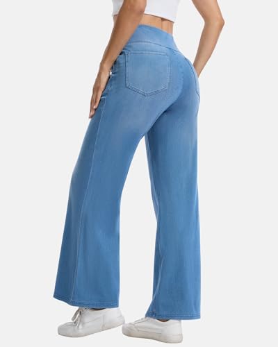 Amzdora Women’s High Waisted Wide Leg Jeans Pull On Stretch Denim Pants Tummy Control Flare Leggings Pants with Pockets, Light Blue, Size 14 — view 2