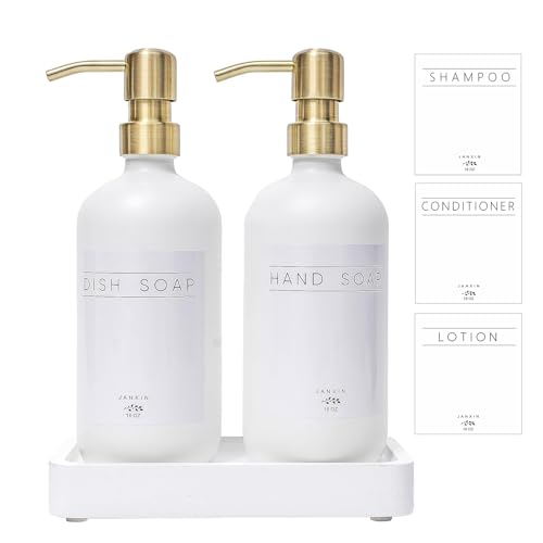 Janxin Glass Soap Dispenser for Kitchen with Stainless Steel Pump and Wood Tray, Modern Bathroom Soap Dispenser with Waterproof Labels for Hand Soap, Dish Soap, Lotion(White Bottles+Gold Pumps)