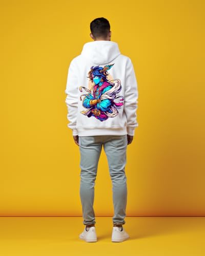 Image of prabhu bhakti Solid White Peacock Feather Back Printed Pullover Full Sleeve White Hoodies Full for Men