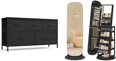 SONGMICS Dresser for Bedroom, Jewelry Storage Cabinet with Rounded Wide Full-Length Mirror, ULGS322B01S and UJJC036B01