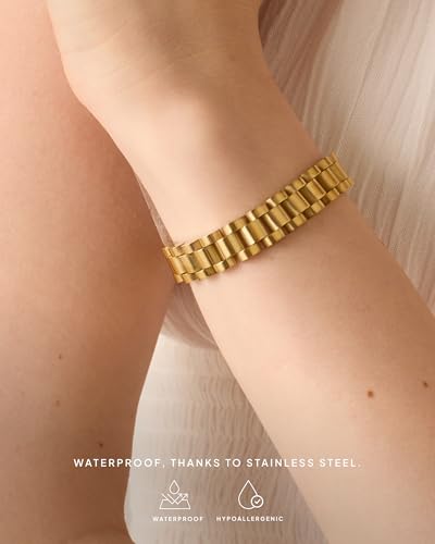 PAVOI 14K Gold Plated Waterproof Watch Strap Chain Bracelet for Women | Two Toned Mixed Metals Stainless Steel Chunky Link Bracelet2