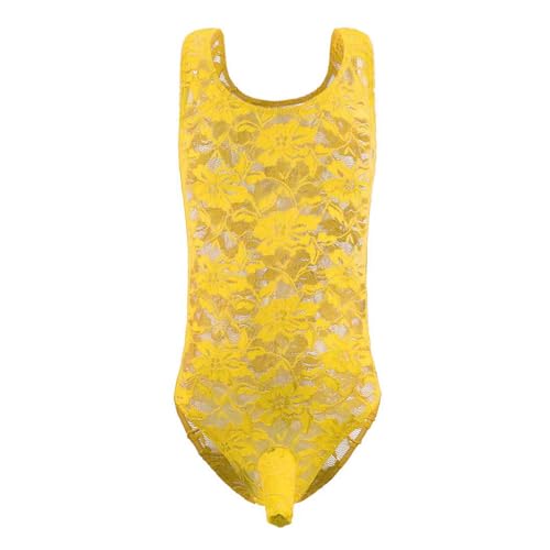 Bodysuit Lingerie For Men Sexy Slutty Shorts Fashion Lace Jumpsuit Vest Underwear See Through Outfit (Yellow, One Size)