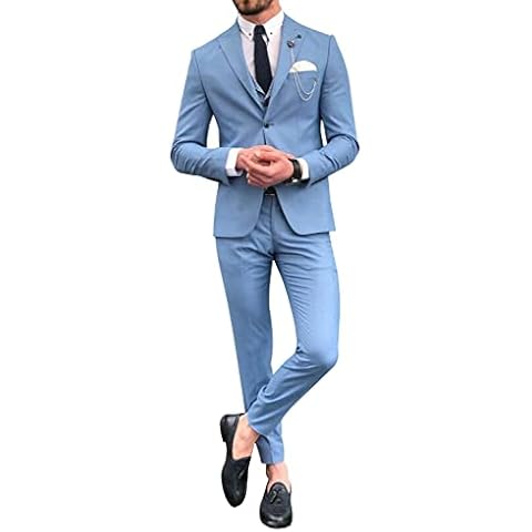 Lacoac Men's Peak Lapel Light Blue Party Suit Single Breasted Button Two-Piece Tuxedos Wedding Daily Business Cover