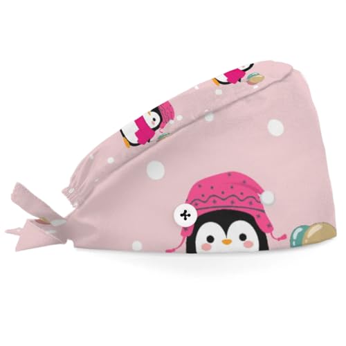 Mularoka Watercolor Polka Dot Penguin Balloon Working Caps with Button Sweatband Comfortable Adjustable Bouffant Hats Work Hat for Women Men